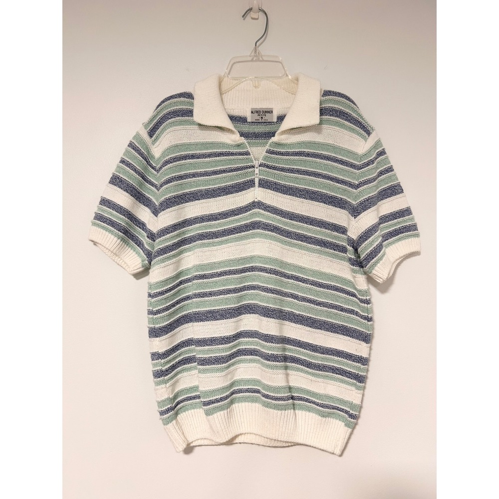Alfred Dunner Vintage Medium Striped Quarter Zip Short Sleeve Knit Sweater Top
